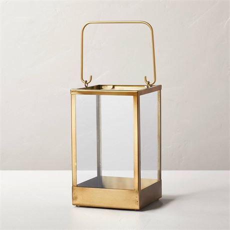 Small 10" Square Metal & Glass Pillar Candle Lantern Brass - Hearth & Hand™