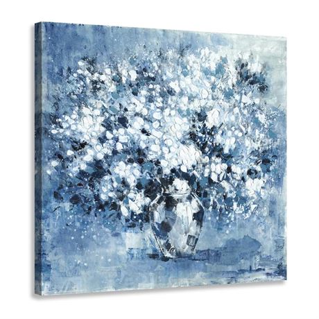 Flowers Pictures Decor Wall Art Abstract White Floral Painting on Vase Navy