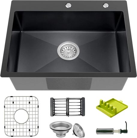 Black Kitchen Sink, Topmount Stainless Steel Bar Sink 25x18x9 Inch Drop In