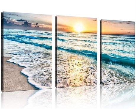 TutuBeer 3 Panel Canvas Wall Art for Home Decor Blue Sea Sunset White Beach