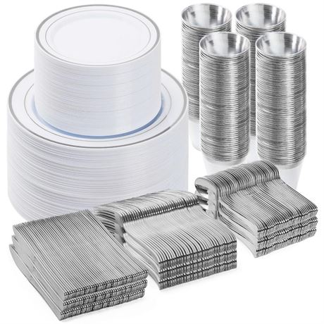 600PCS Plastic Dinnerware Set (100 Guests), Silver Disposable Plates for Party,