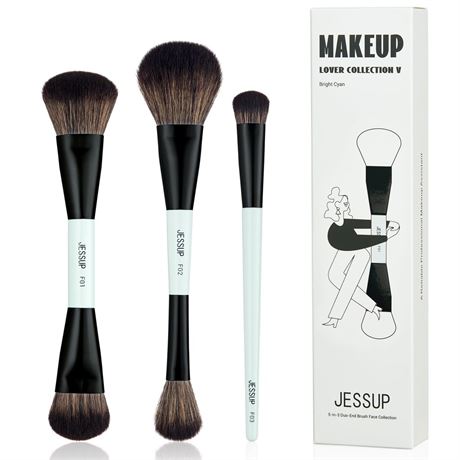 Jessup Face Makeup Brushes Blue 3pcs Double Ended Makeup Brush for Foundation