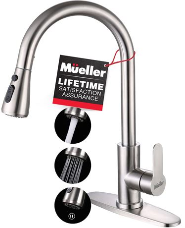 Mueller Single Handle Stainless Steel Kitchen Sink Faucet, High Arc, Single