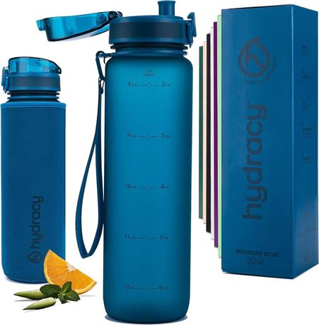 Hydracy Water Bottle with Time Marker -Large BPA Free Water Bottle & No Sweat