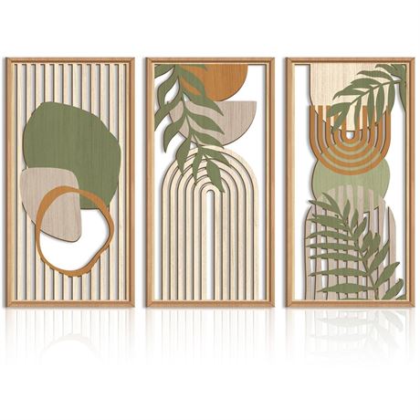 IARTTOP Large Abstract Geometric Wood Wall Art Framed Boho Wall Art Set Of 3