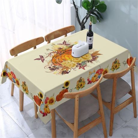 Thanksgiving Tablecloth Pumpkin Flower Rustic Print Waterproof Spillproof Fall