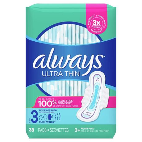 Always Ultra Thin Feminine Pads For Women, Size 3 Extra Long Super Absorbency,