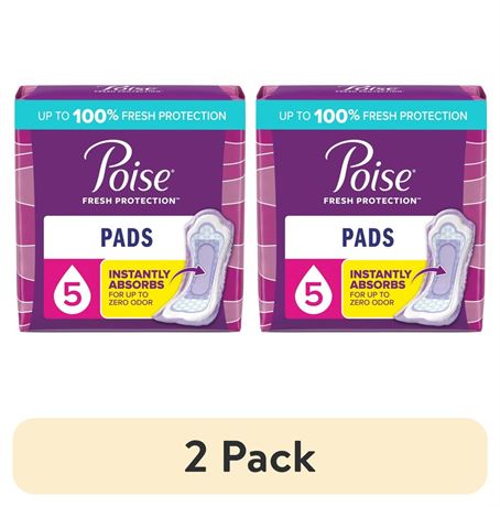 (2 pack) Poise Incontinence Pads for Women, 5 Drop Maximum Absorbency, Long