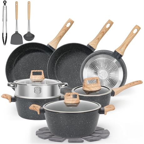 17 Pcs Pots and Pans Set Non Stick, Kitchen Cookware Sets Black Granite