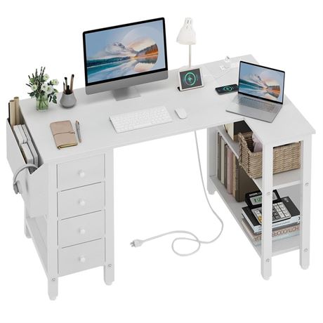 Lufeiya White L Shaped Computer Desk with Drawers & Storage Shelves, 47 Inch