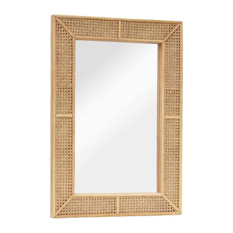 PARISLOFT Wooden and Rattan Mirrors, Boho Rectangle Wall Mirror for Living