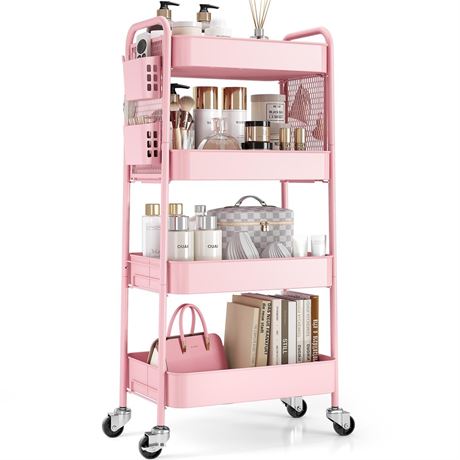 TOOLF 4 Tier Rolling Cart with Pegboard, Metal Storage Organizer Cart with