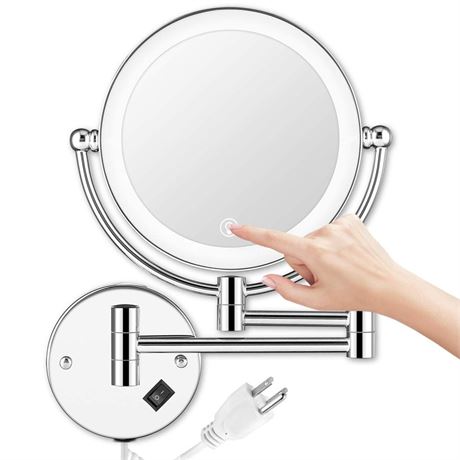 Wall Mounted Lighted Makeup Mirror, 8 Inch Double-Sided 1X 5X Magnifying Mirror