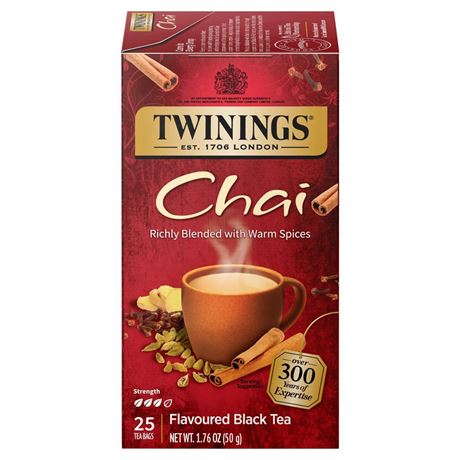 Twinings Chai 25 Individually Wrapped Black Tea Bags, Sweet, Savoury Spices,