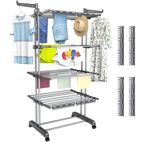 5 Tier Clothes Drying Rack Oversized, Foldable& Adjustable Height Rolling