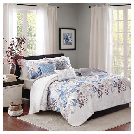 MP13-2120 Luna 6 Piece Quilted Coverlet Set, Blue- Full & Queen