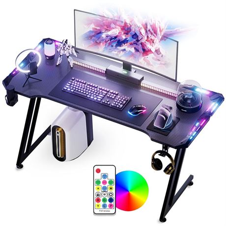 Gaming Desk with LED Lights,55 inch Carbon Fiber Surface RGB Gaming Computer