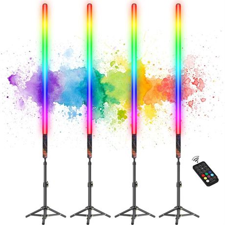 4Pack RGB Tube Light Bar with Light Stand, Battery Powered LED Video Light Wand