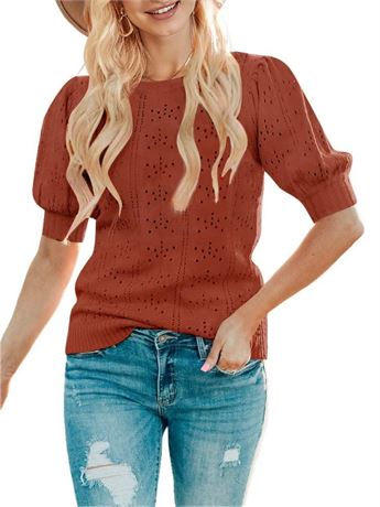 MEROKEETY Women's 2024 Fall Puff Short Sleeve Sweater Tops Crew Neck Crochet