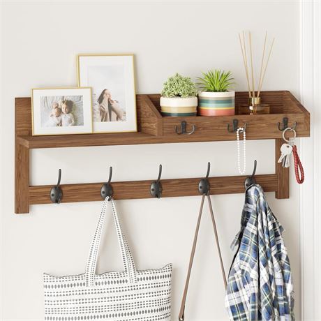 AMBIRD Wall Hooks with Shelf 26.57inch Entryway Wall Hanging Shelf Wood Coat