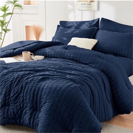 HYMOKEGE Navy Blue Oversized King Comforter Set Seersucker 7 Pieces, All Season