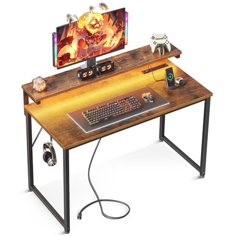 AODK Small Desk, 40 Inch Gaming Desk with LED Lights and Power Outlet, Computer