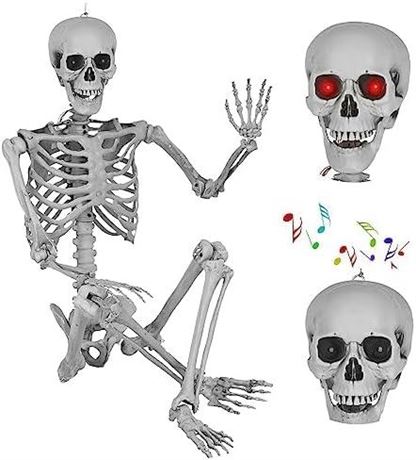 5.4 FT Halloween Skeleton, Life Size Skeleton with LED Glowing Eyes, Sound