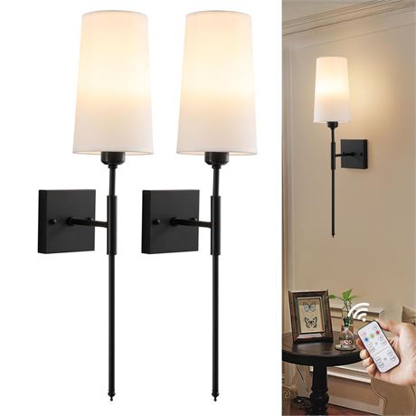 Black Rechargeable Battery Operated Wall Sconces Set of 2 with Remote, Cordless