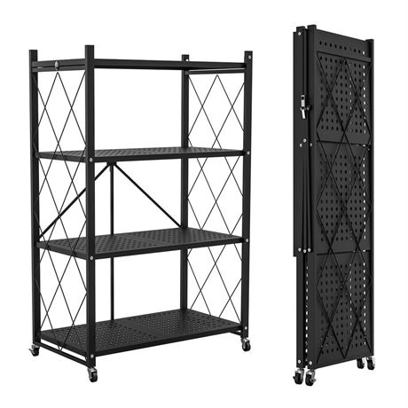 4-Tier Foldable Storage Shelf with Wheels - Metal Collapsible Shelving Unit