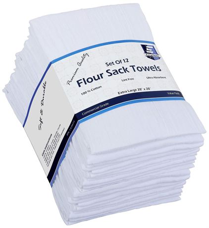 Flour Sack Kitchen Towels (White,12 Pack) 100% Cotton,28x28 Inch Cloth Napkin,