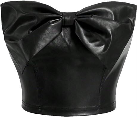 MakeMeChic Women's Faux PU Leather Bandeau Crop Tube Top Strapless Zip Back