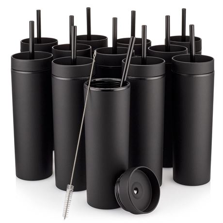 STRATA CUPS Black Skinny Tumblers with Lids and Straws (12 pack) - 16oz Double