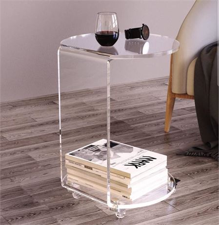 ONELUX C-Shaped Round Acrylic Side Sofa Table on Wheels,Clear Rolling