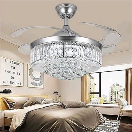 YUYUE 42-inch Invisible Ceiling Fan Chandelier with Light,Modern Crystal