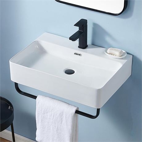 Wall Mounted Sink White with Towel Rack, 24"x16" Vessel Sink Rectangle, Wall