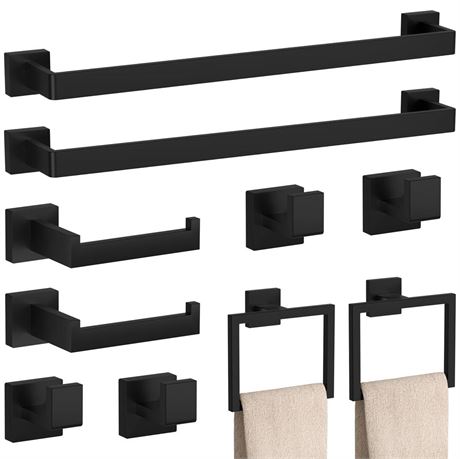 10-Pieces Matte Black Bathroom Accessories Set, 23.6 Inch Bath Towel Bar Set,