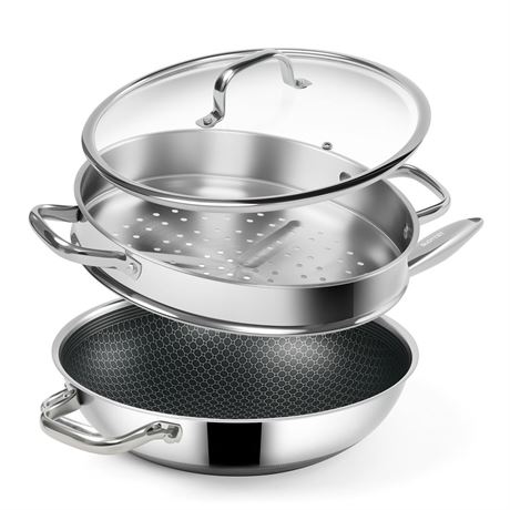 Hybrid 12-Inch Wok with Steamer,Nonstick Stainless Steel Woks & Stir-fry pans