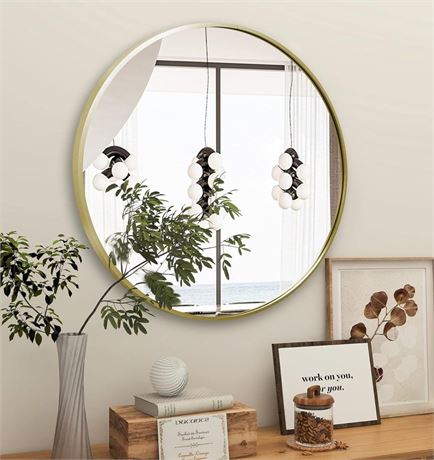 B&C 28 inch Round Mirror French Gold Aluminum Framed, Stylish Circle Mirror for