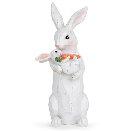 Hodao Easter Bunny Decorations Hand-Carved White Wooden Mother and Baby Rabbit