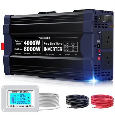 4000W Pure Sine Wave Inverter,Peak Power 8000W 12V DC to AC 110V120V,Remote