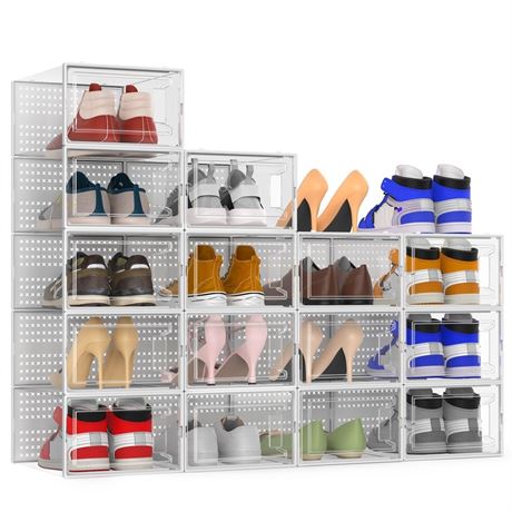 15 Pack Large Modular Clear Plastic Stackable Shoe Storage Organizer for