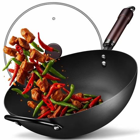 Wok, 13 Inch carbon steel woks & stir-fry pans nonstick, Pre-Seasoned 5.8QT