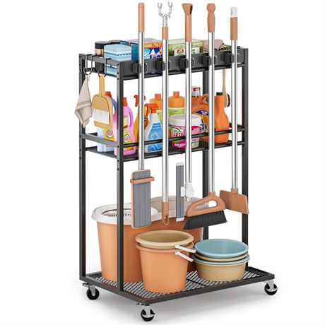 Broom Holder with Cleaning Supplies Organizer, Broom Closet Storage Cabinet