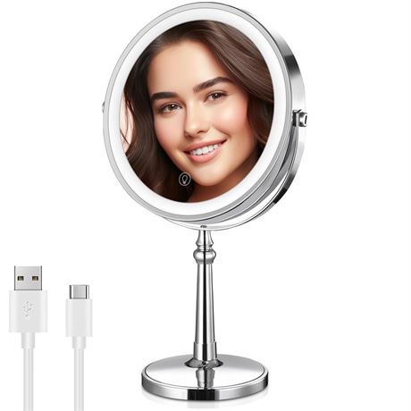 9" Large Lighted Makeup Mirror, 1X/10X Magnifying Mirror with Lights, 360