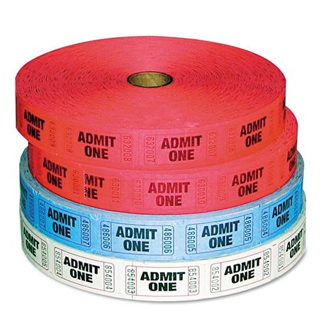 PM COMPANY 3-Rolls Admit-One Ticket Multi-Pack, Red/Blue/White, 2000 per Roll