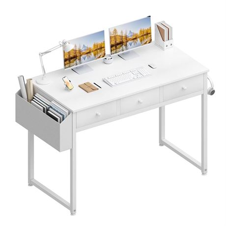 Lufeiya Small White Computer Desk with Fabric Drawers for Home Office Bedroom,