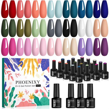 PHOENIXY 24 PCS Gel Nail Polish Set, 21 Colors Gel Nail Polish Kit with Base