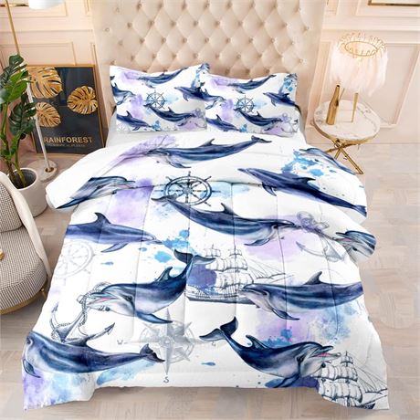 CVHOUSE Ocean Dolphin Comforter Set Twin Size,Coastal Anchor Dolphin Bedding