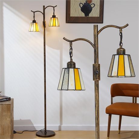 Vintage Dimmable Floor Lamp, Tiffany Standing Lamp with 2 Stained Glass Shades,