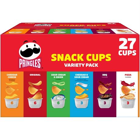 Pringles Snack Cups 6 Flavor Variety Pack Potato Crisps Chips, Lunch Snacks, 27